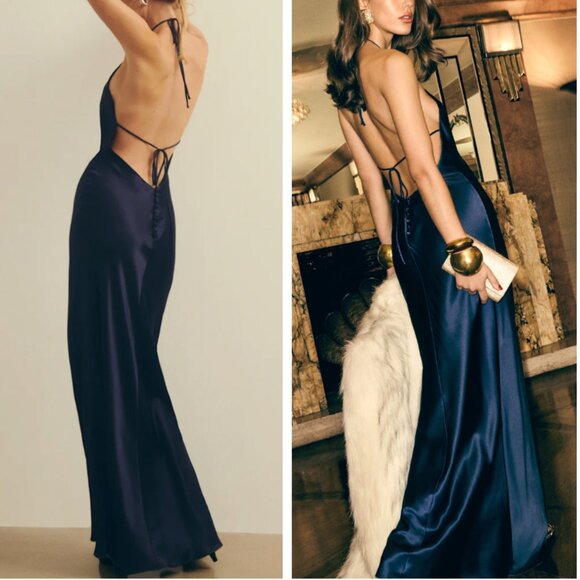 Reformation Jeany Silk Maxi Dress Gown Small Midnight Navy Blue Holiday Party - Picture 2 of 11